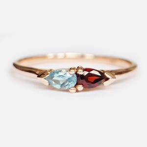 14k Rose Gold Pear Cut Aquamarine and Garnet Toi Et Moi Ring, Dainty Gift
