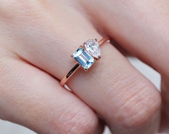 bague moissanite aigue-marine tu et moi, bague tu et moi, fiançailles aigue-marine, bague à deux pierres, bague en pierre de naissance de mars, bague de fiançailles aigue-marine