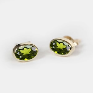 Peridot Stud Earrings, 14K Yellow Gold Oval Gemstone Studs, August Birthstone Jewelry, Green Gemstone Earrings, Gift for Her