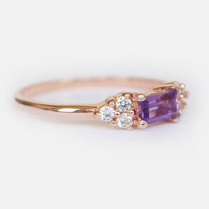 rose gold genuine amethyst and diamond ring, 14k rose gold ring, baguette cut amethyst ring, february birthstone, purple amethyst ring image 4