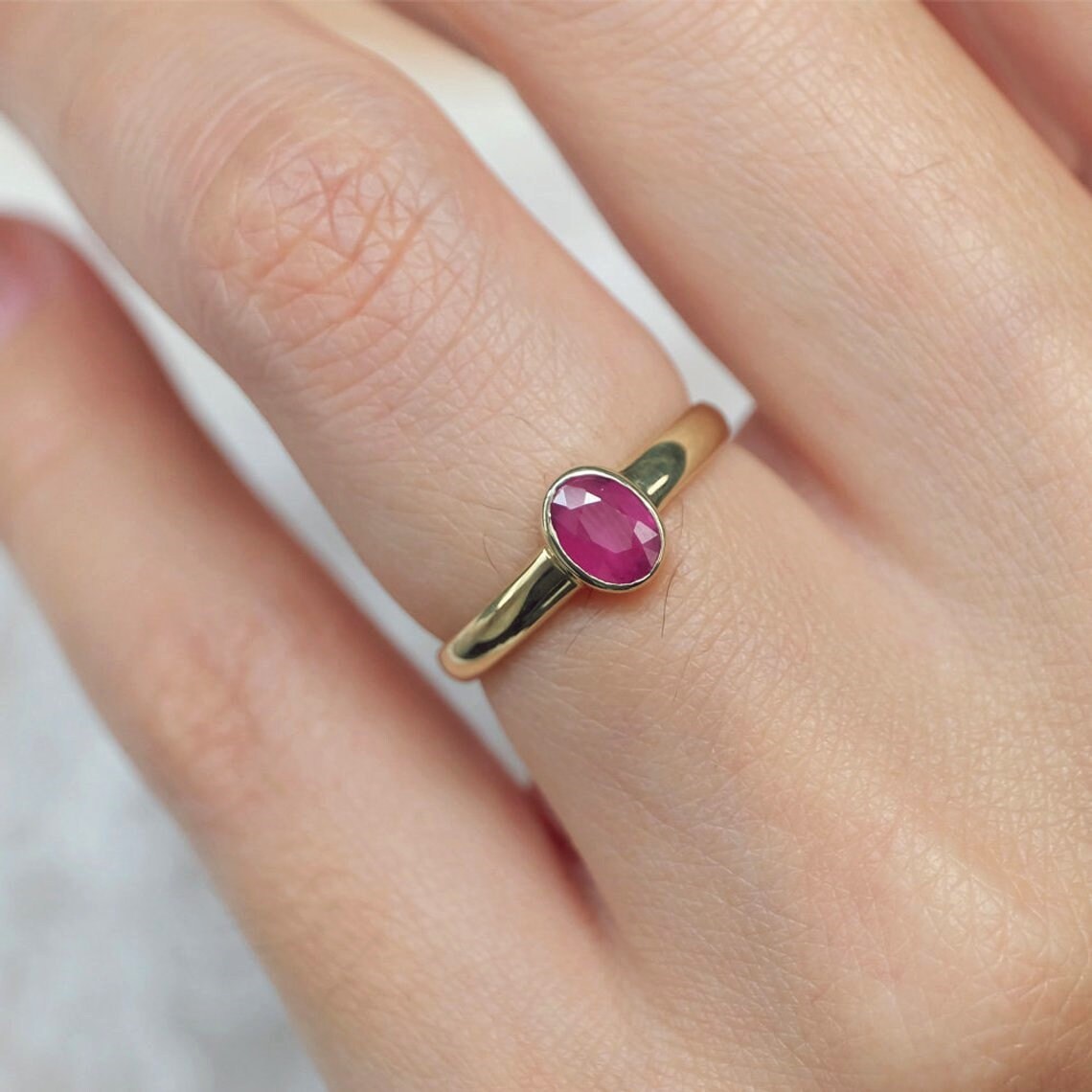 Oval Ruby Ring, 14k Yellow Gold Bezel Ring, July Birthstone Ring ...