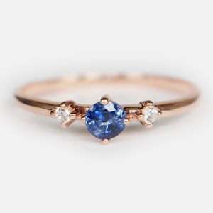 14K Rose Gold Blue Sapphire Ring, Dainty Sapphire and Diamond Ring, September Birthstone Jewelry, Minimalist Engagement Ring, Gift for Her