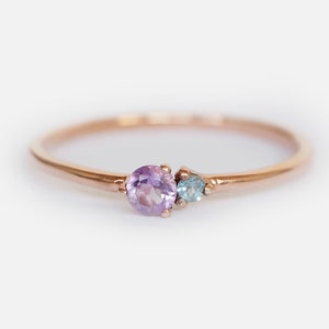 14k Gold Amethyst and Aquamarine Birthstone Ring, February March Ring, Two Stone Gold Ring, Mother&#39;s Gift, Dainty Birthstone Jewelry