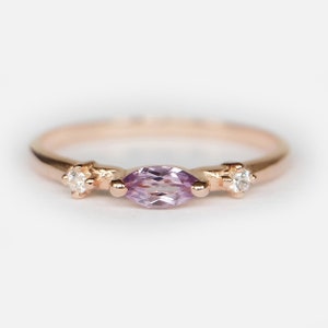 14K Rose Gold Amethyst and Diamond Ring, Marquise Cut Purple Gemstone Trio Ring, Dainty February Birthstone, Minimalist Gold Ring