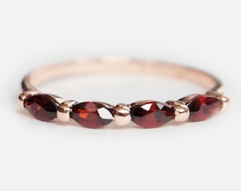 14k Rose Gold Garnet Ring, Marquise Cut Gemstone Band, January Birthstone Ring, Dainty Stackable Ring, Handmade Red Garnet Jewelry