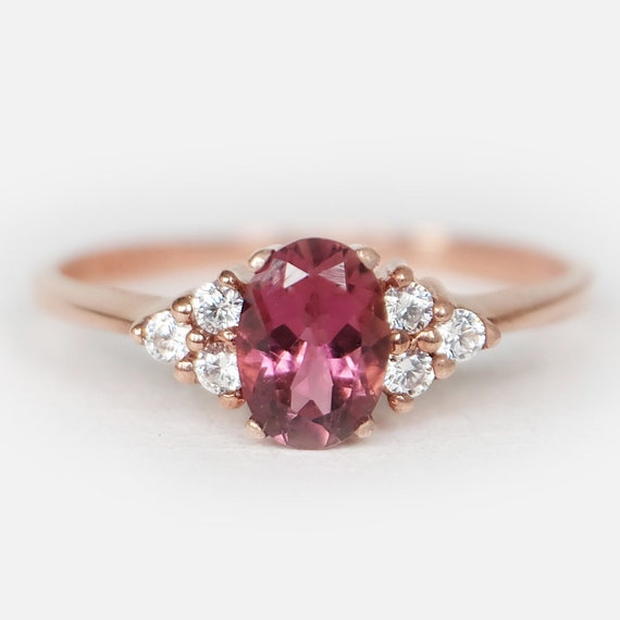 oval rhodolite ring rhodolite garnet ring diamond ring prong stacking ring dainty ring pink stone ring promise ring engagement ring