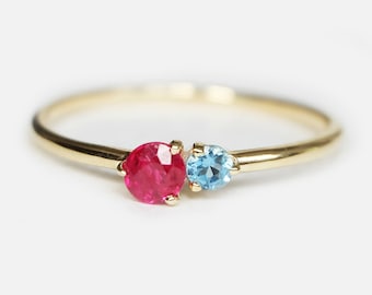 14k Gold Rubin und Aquamarin Dual Birthstone Ring, Juli März zwei Stein, individuelles Geschenk