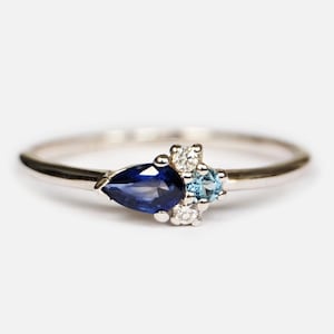14k Rose Gold Saphir, Aquamarin und Diamant Cluster Ring, Edelstein im Birnenschliff, Einzigartiger Verlobungsring, Birthstone Schmuck Geschenk
