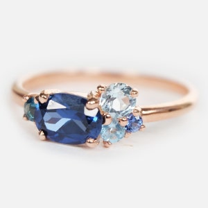 blue sapphire engagement ring, sapphire cluster ring, 14k gold wedding ring, unique engagement, blue sapphire cluster ring, multi stone ring image 3