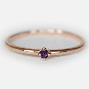 Minimalist Amethyst Ring, 14K Rose Gold Solitaire, Dainty February Birthstone Jewelry, Stackable Purple Gemstone Ring, Elegant Gift for Her