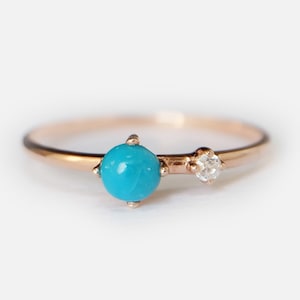 14K Rose Gold Turquoise Ring, Cabochon Turquoise and White Gemstone Ring, Dainty December Birthstone, Stacking Minimalist Gold Ring