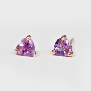 Heart Amethyst Stud Earrings, 14k Gold Studs, Purple Gemstone Earrings, February Birthstone, Dainty Minimalist Earrings Gift