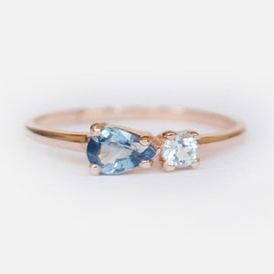 14k Gold Sapphire and Aquamarine Ring, Two Stone Dainty Ring, Minimalist Promise Ring, September March Birthstone Gift for Her