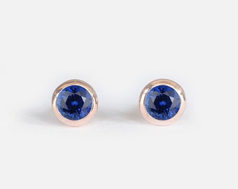14k gold blue sapphire stud earrings, bezel set gemstone studs, September birthstone earrings, dainty gold studs