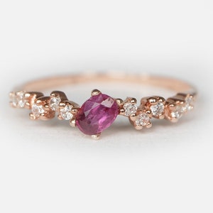 14k Rose Gold Rhodolite Garnet Ring, Oval Cut Garnet and Diamond Ring, Dainty Stacking Birthstone Ring, January Gift for Her