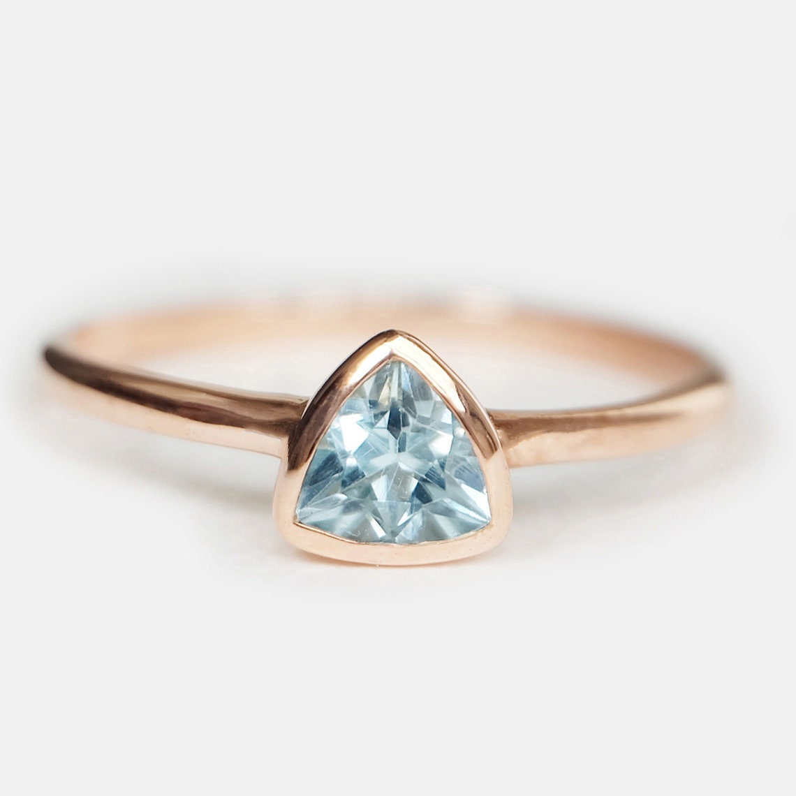 14K Rose Gold Aquamarine Ring, Trillion Cut Bezel Set Aquamarine Ring, March Birthstone Jewelry, Minimalist Blue Gem Ring, Gift for Her