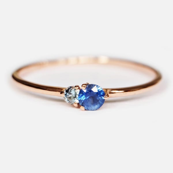 14k Gold Sapphire and Aquamarine Dual Birthstone Ring, September March Jewelry, Mother's Gift