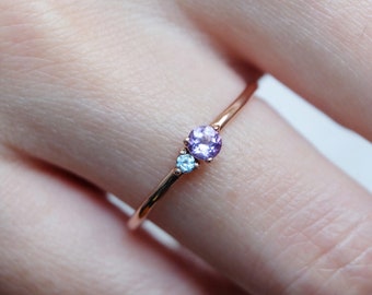 14k Gold Amethyst and Aquamarine Birthstone Ring, February March Ring, Two Stone Gold Ring, Mother&#39;s Gift, Dainty Birthstone Jewelry