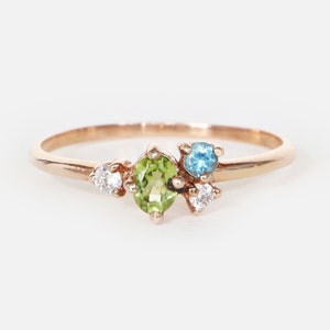 14K Rose Gold Peridot Aquamarine Diamond Ring, Cluster Gemstone Ring, Dainty Birthstone Jewelry, August March April Ring, Gift for Her