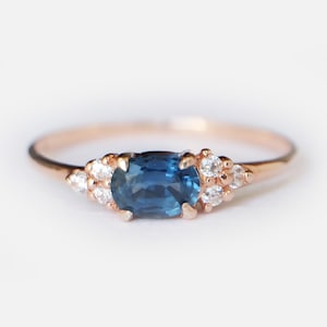 14k Gold Oval Blue Sapphire and Diamond Ring, September Birthstone Ring, Dainty Minimalist Engagement Ring, Promise Gift for Her