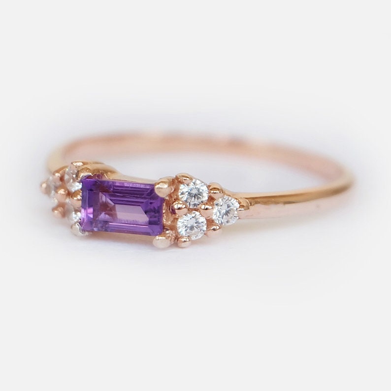 rose gold genuine amethyst and diamond ring, 14k rose gold ring, baguette cut amethyst ring, february birthstone, purple amethyst ring image 3