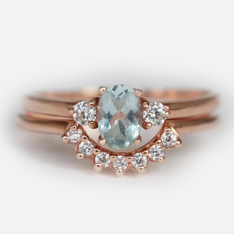 Aquamarine Wedding Ring Set Rose Gold Aquamarine Ring With Etsy