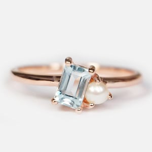 Aquamarine and Pearl Ring, 14K Gold Two Stone Ring, Emerald Cut Aquamarine Ring, June Birthstone Ring, Dainty Pearl Ring, Gift for Her