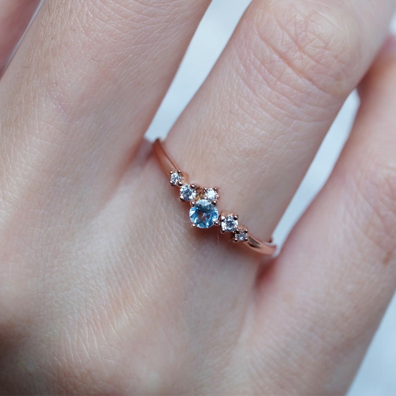 Engagement Ring Birthstone Ring Cluster Ring Aquamarine Etsy