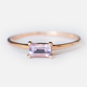 14K Rose Gold Amethyst Ring, Princess Cut Amethyst Ring, Dainty Purple Gemstone Ring, Minimalist Birthstone Ring, Stackable Gold Ring