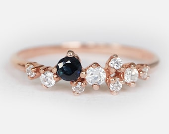 14k Rose Gold Blue Sapphire and Diamond Cluster Ring, Dainty September Birthstone Ring, Handmade Stacking Ring, Gift for Her
