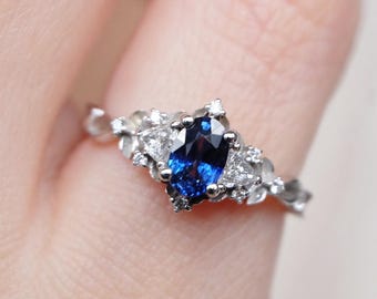14k White Gold Sapphire Engagement Ring, Oval Blue Sapphire Ring, Diamond Leaf Ring, Vintage Inspired Bridal Jewelry Gift