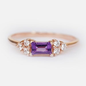 rose gold genuine amethyst and diamond ring, 14k rose gold ring, baguette cut amethyst ring, february birthstone, purple amethyst ring image 2