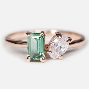 14K Rose Gold green tourmaline and moissanite toi et moi ring, unique birthstone Jewelry, two stone Jewelry, family birthstone ring