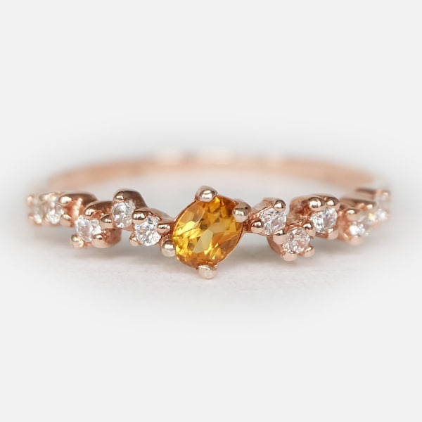 citrine ring, citrine and diamond ring, citrine cluster ring, unique citrine ring, stackable ring, natural citrine,november birthstone ring