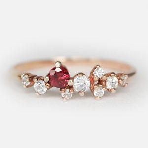14k Rose Gold Rhodolite Garnet Diamond Cluster Ring, January Birthstone Ring, Dainty Stacking Ring, Handmade Gift, Minimalist Jewelry