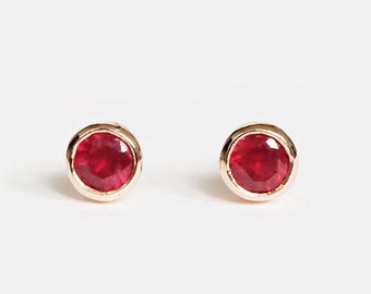 14k Rose Gold Ruby Stud Earrings, July Birthstone Jewelry, Minimal Bezel Set Studs, Red Gemstone Earrings, Ruby Gift