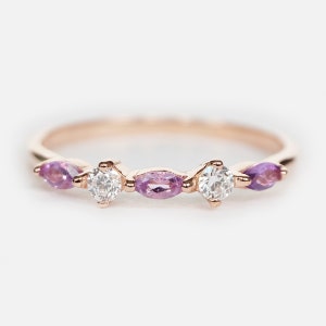 14K Rose Gold Amethyst Ring, Diamond and Amethyst Stacking Ring, Dainty Marquise Gemstone Jewelry, February Birthstone, Gift for Her