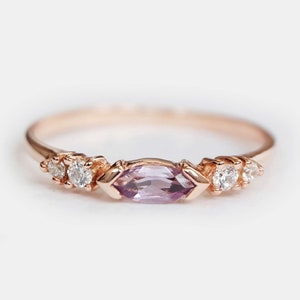 14K Rose Gold Amethyst Ring, Marquise Cut Purple Gemstone Ring, Dainty Diamond Accent Band, February Birthstone, Gift for Her
