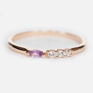 14K Rose Gold Amethyst Ring, Marquise Amethyst and Diamond Ring, Dainty Stacking Ring, February Birthstone Jewelry, Gift for Her