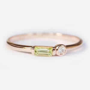 Peridot and Diamond Ring, 14K Gold Baguette Peridot Ring, August Birthstone Ring, Bezel Set Dainty Ring, Stacking Ring, Gift for Her