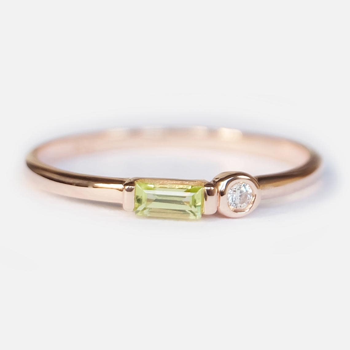 Peridot and Diamond Ring, 14K Gold Baguette Peridot Ring, August Birthstone Ring, Bezel Set Dainty Ring, Stacking Ring, Gift for Her