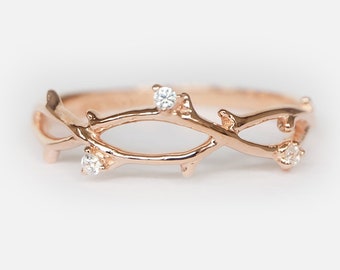 14k Rose Gold Diamond Vine Ring, Nature Inspired Branch Ring, Dainty Diamond Band, Botanical Wedding Band, Unique Promise Ring