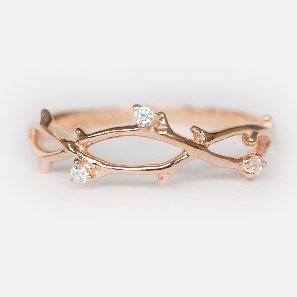14k Rose Gold Diamond Vine Ring, Nature Inspired Branch Ring, Dainty Diamond Band, Botanical Wedding Band, Unique Promise Ring
