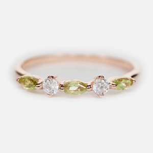 14K Rose Gold Peridot Ring, Peridot and Diamond Stacking Ring, Dainty Marquise Gemstone Ring, August Birthstone Jewelry, Gift for Her
