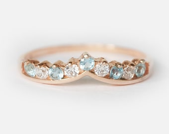 Aquamarine and White Topaz Chevron Ring in 14K Rose Gold, March Birthstone Band, Stackable Curved Ring, Handmade Wedding Band