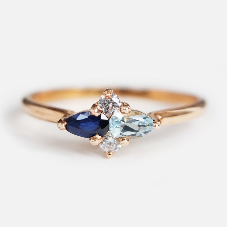 pear sapphire ring, pear aquamarine ring, multi stone ring, dual birthstone ring, two stone ring, pear shape engagement, birthstone ring image 1