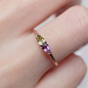 14k Peridot Amethyst Ring, Pear Gemstone, Dual Birthstone, Gold Ring, Stacking Ring, Two Stone Jewelry, Mother&#39;s Gift, Custom Gemstone Ring
