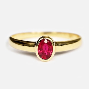 14k Yellow Gold Oval Ruby Ring, Bezel Set, Dainty Solitaire July Birthstone Jewelry