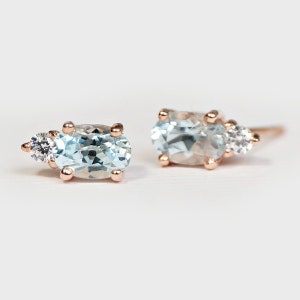 Aquamarine and Diamond Stud Earrings, 14K Rose Gold, March Birthstone Jewelry, Oval Blue Gemstone Earrings, Gift for Her