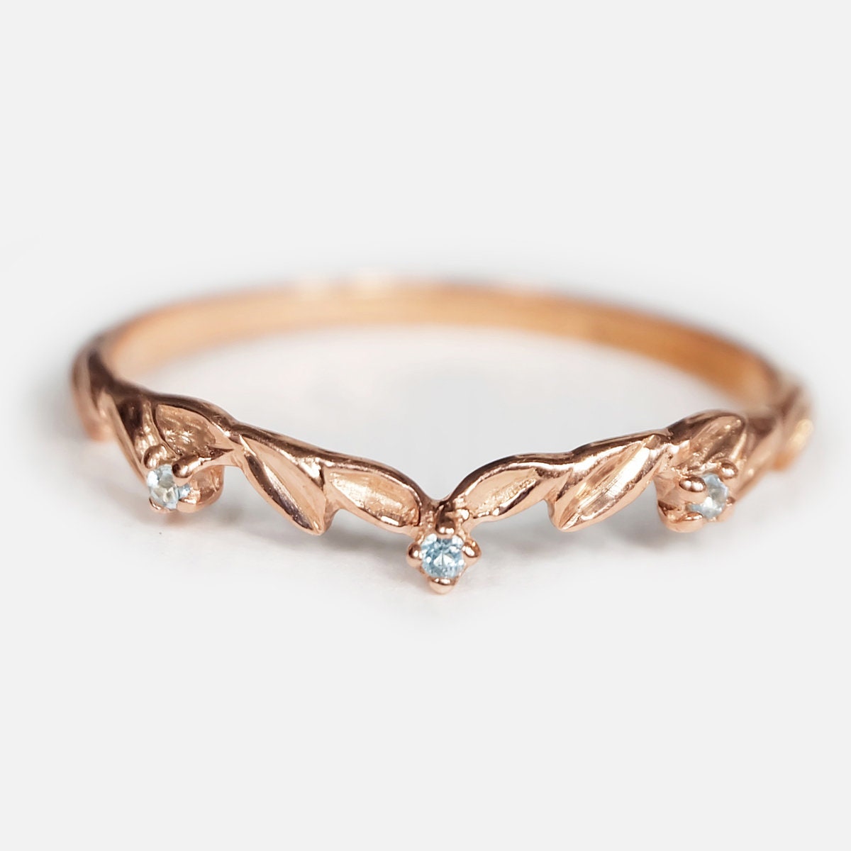 Leaf Wedding Band Curved 14k Gold Band Leaf Aquamarine Etsy